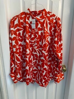 LOFT Orange-White Floral Button Front Blouse